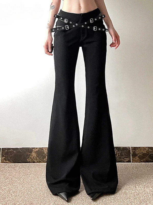 Anti Belted Flare Pants. These pants have an adjustable belt straps with eyelets, flared pants and front zipper closure.