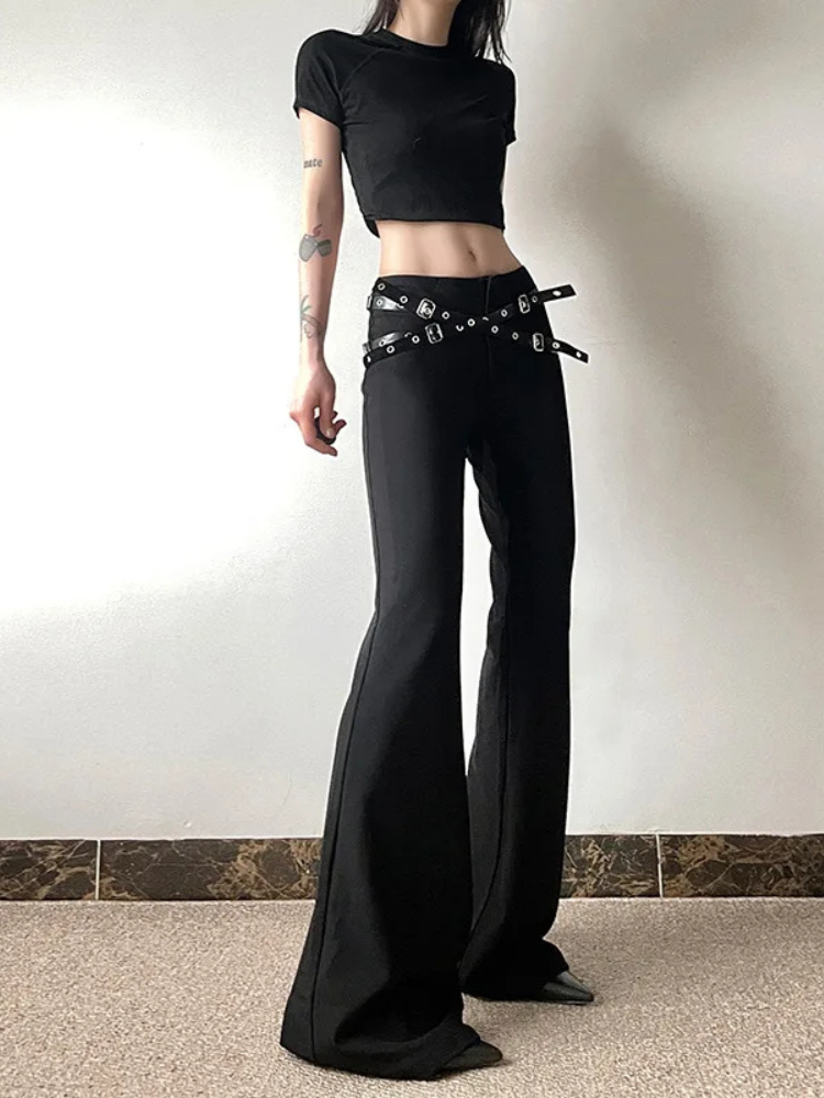 Anti Belted Flare Pants. These pants have an adjustable belt straps with eyelets, flared pants and front zipper closure.