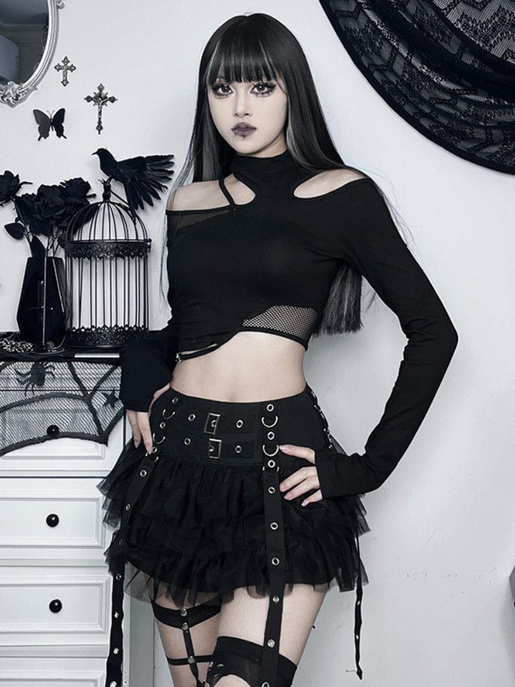 Stole Your Soul Ruffle Skirt. This mini skirt has a layered tiered ruffle construction, eyelet and buckle detailing and garter straps.