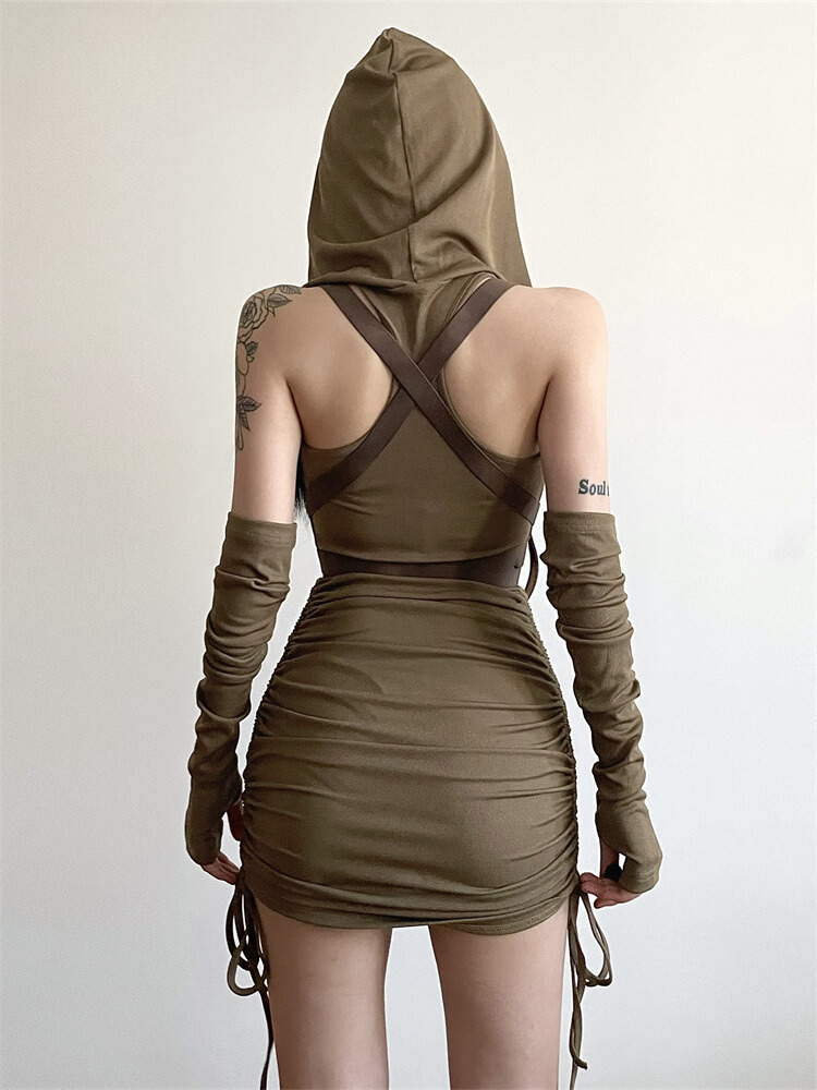 Ride Ready Hooded Mini Dress & Gloves Set. This mini dress has stretchy construction, strappy waist belt with, draped hood, ruched sides with ties and a matching gloves with thumbholes.  