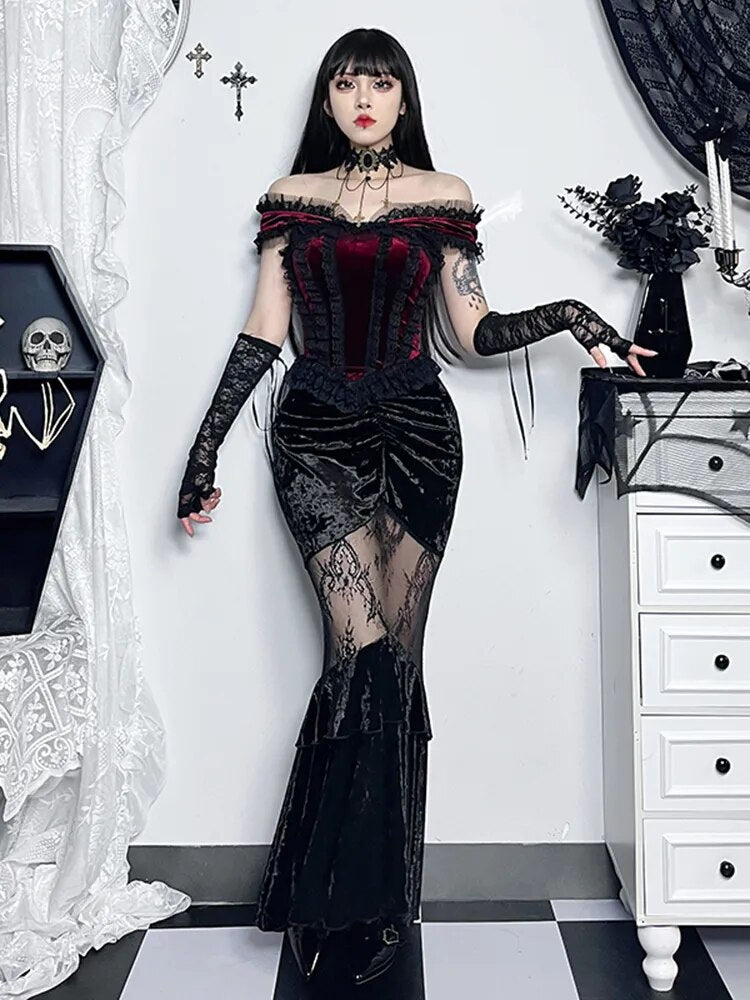 Bloody Valentine Corset Top. This corset top has a velvet construction, off shoulder straps and black lace trim.