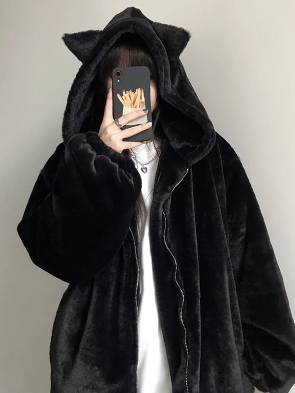 Don't Bother Meow Faux Fur Jacket. This jacket comes in a faux fur construction with a cat ear hood and  o-ring zip pull.