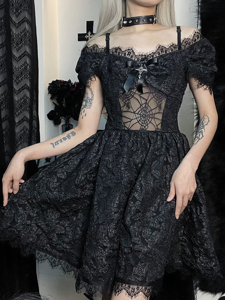 Lights Go Out Babydoll Dress. This babydoll mini dress has a floral texture all over, short off the shoulder puff sleeves, a bow with a cross pendant on the bust, front web mesh panel, adjustable straps, back zipper hidden closure and a lace trim.