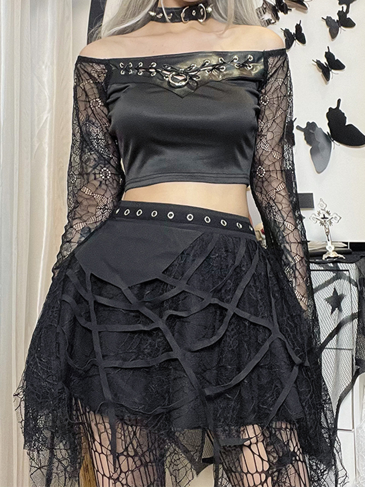 Web Of Darkness Mini Skirt. This sheer skirt has a spider web design on the front, spider web mesh construction, handkerchief hem and an elastic waist with front eyelet details.