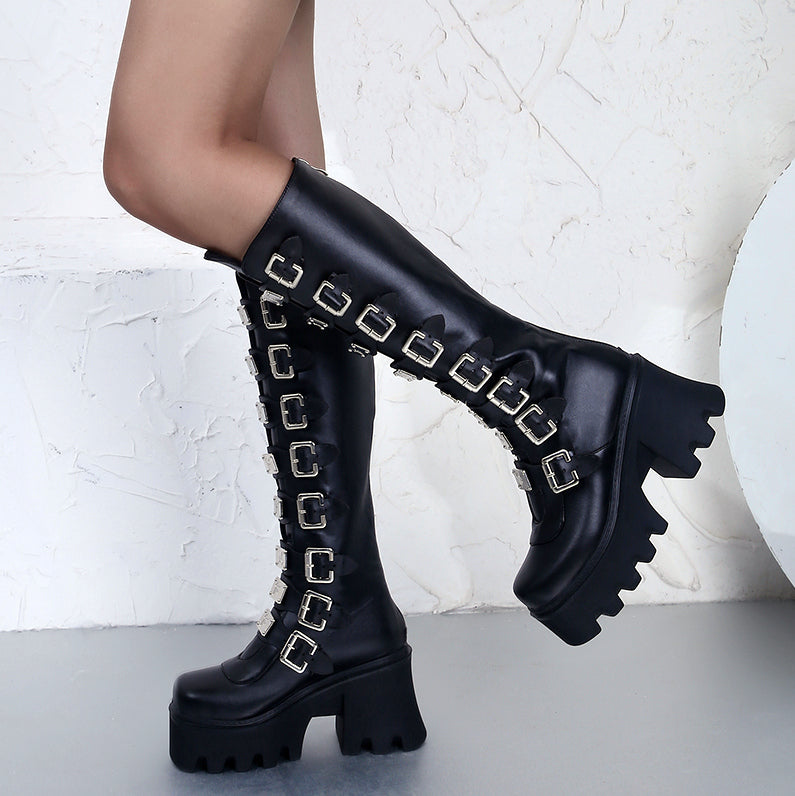Hysteria Platform High Knee Boots - ALTERBABE Shop Grunge, E-girl, Gothic, Goth, Dark Academia, Soft Girl, Nu-Goth, Aesthetic, Alternative Fashion, Clothing, Accessories, Footwear