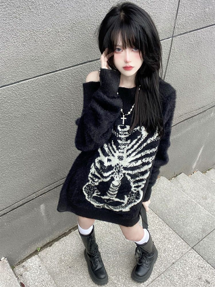 X-Ray Vision Oversized Sweater. This cozy oversized sweater has sick skeleton graphics, boat neckline and a fuzzy material.