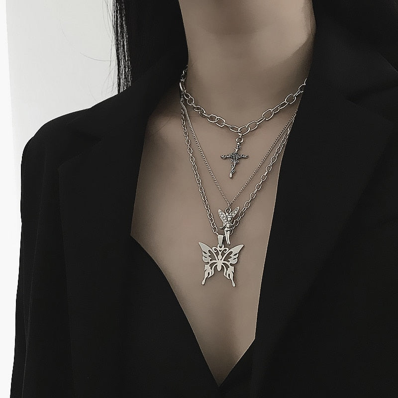Fluttering Prayers Layered Necklace - ALTERBABE Shop Grunge, E-girl, Gothic, Goth, Dark Academia, Soft Girl, Nu-Goth, Aesthetic, Alternative Fashion, Clothing, Accessories, Footwear