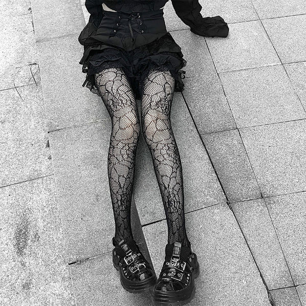 Death Trap Web Stockings - ALTERBABE Shop Grunge, E-girl, Gothic, Goth, Dark Academia, Soft Girl, Nu-Goth, Aesthetic, Alternative Fashion, Clothing, Accessories, Footwear