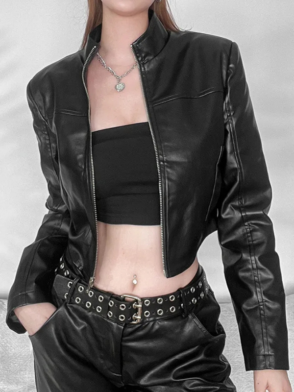 Midnight Rider Bomber Jacket has a vegan leather construction, a cropped fit and a front zipper closure.