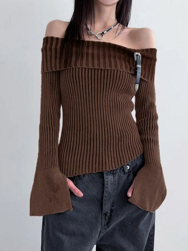 Down To Earth Off Shoulder Sweater. This sweater has a stretchy knit ribbed construction, an off the shoulder design, a belt closure design, long sleeves with cuts and an asymmetrical trim.