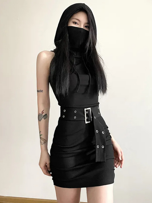 Dark Tactics Hooded Mini Dress. This hooded dress has a a bodycon fit, ruched sides,  integrated mask and waist belt with eyelet hardware.