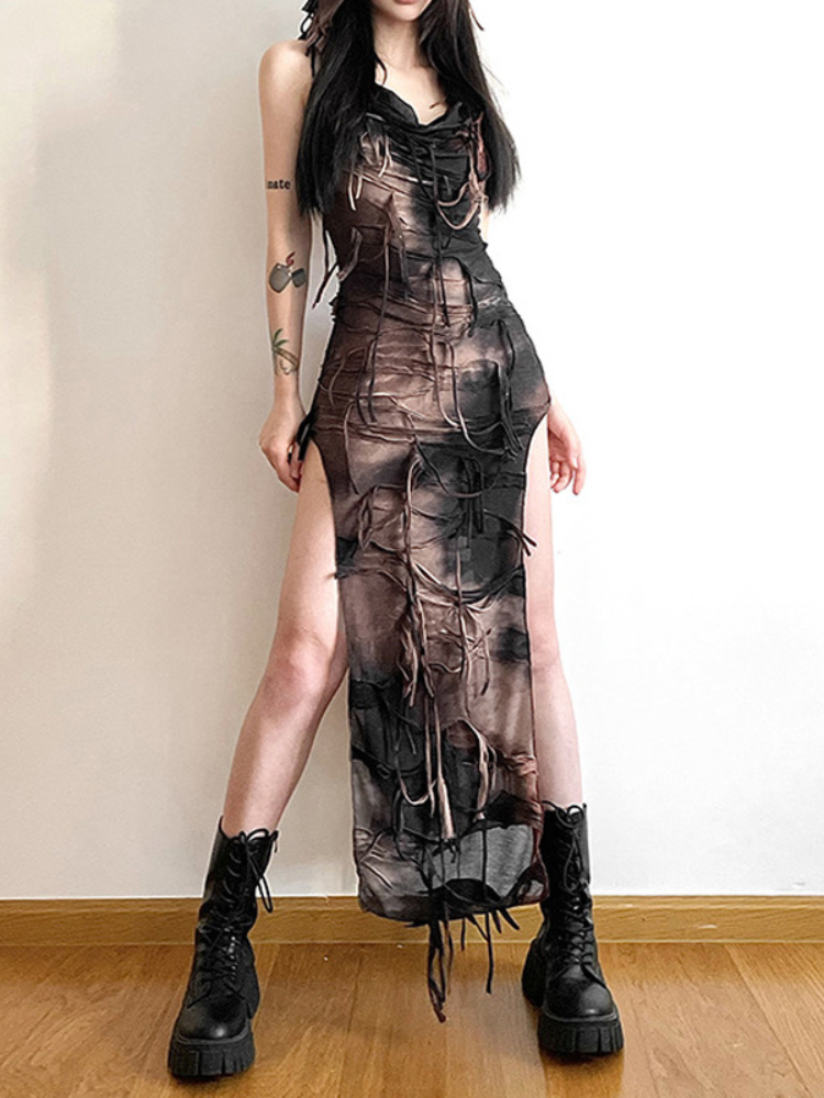 Out Of The Shadows Hooded Maxi Dress. This dress has distressed stretchy semi-sheer construction with mask-integrated draped hood and thigh-high side slits.