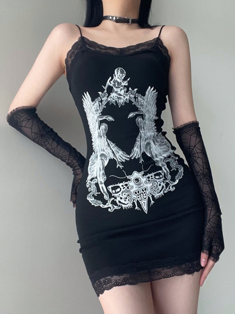 Ghost Of You Graphic Tank Dress. This mini dress has a stretchy construction, lace trim at the neckline and hem, shoulder cami straps and a contrast graphic print across the front.