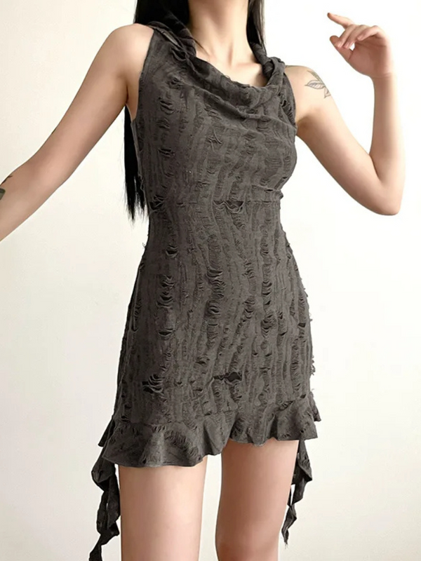 Mess Of Me Distressed Hooded Dress. This hooded dress has a distressed construction, a bodycon fit and a ruffled hem.