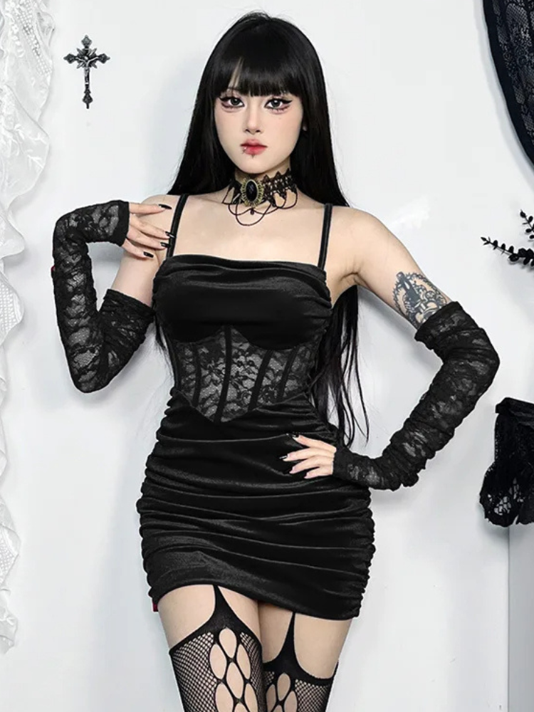 Main Attraction Velvet Mini Dress - Black. This velvet mini dress has mesh corset design, ruched sides, adjustable shoulder straps, back zip closure and matching lace gloves with thumbholes.