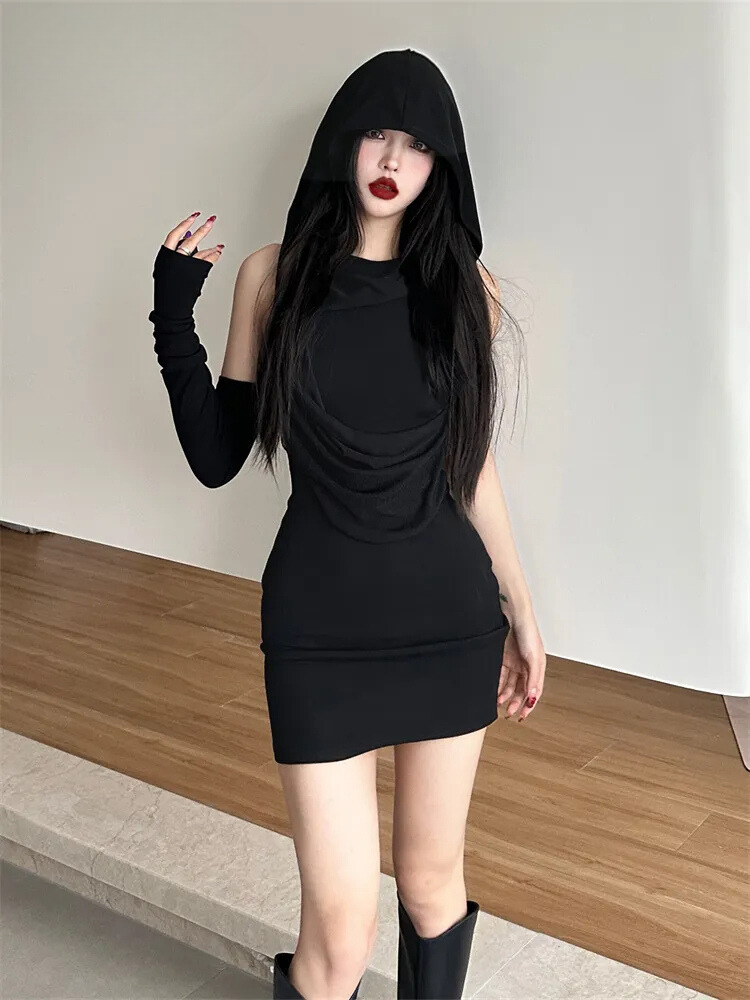 Hide No More Hooded Mini Dress & Glove. This mini dress has draped neckline and hood and a matching glove with thumbhole.