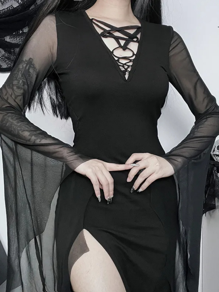 Harness Your Energy Maxi Dress. This maxi dress has a v-neckline with lace up design and a strappy pentagram, high leg slit and a mesh bat design flare sleeves.