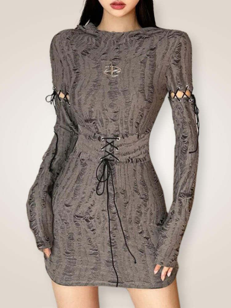 Broken Dreams Distressed Hooded Dress. This hooded dress has a distressed construction, long sleeves with cut outs and lace up design, waist corset with lace up tie and bodycon fit.