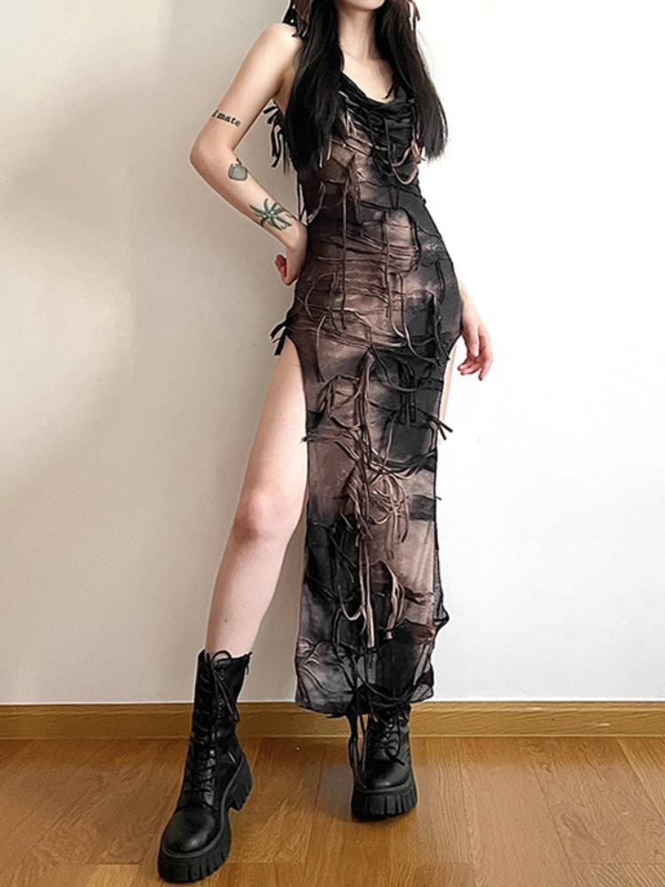 Out Of The Shadows Hooded Maxi Dress. This dress has distressed stretchy semi-sheer construction with mask-integrated draped hood and thigh-high side slits.