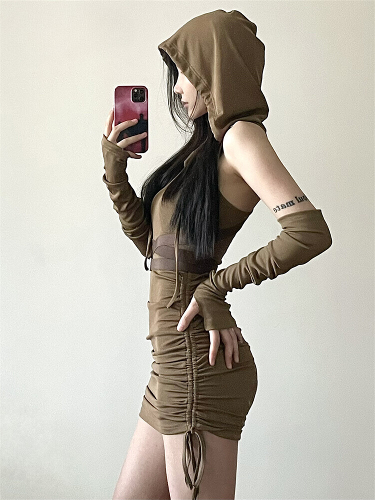 Ride Ready Hooded Mini Dress & Gloves Set. This mini dress has stretchy construction, strappy waist belt with, draped hood, ruched sides with ties and a matching gloves with thumbholes.  