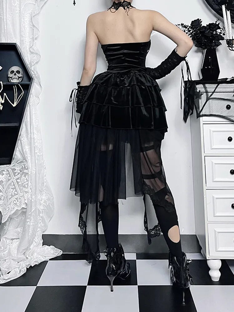 Love The Night Low High Skirt. This low high skirt has a velvet construction. a mesh bottom with lace trim and a high rise waistline.