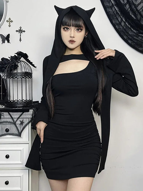 44625127244026|44625127276794|44625127309562Here Kitty Hooded Mini Dres. This mini dress has one shoulder strap, matching shrug with draped hood and cat ears and long sleeves.