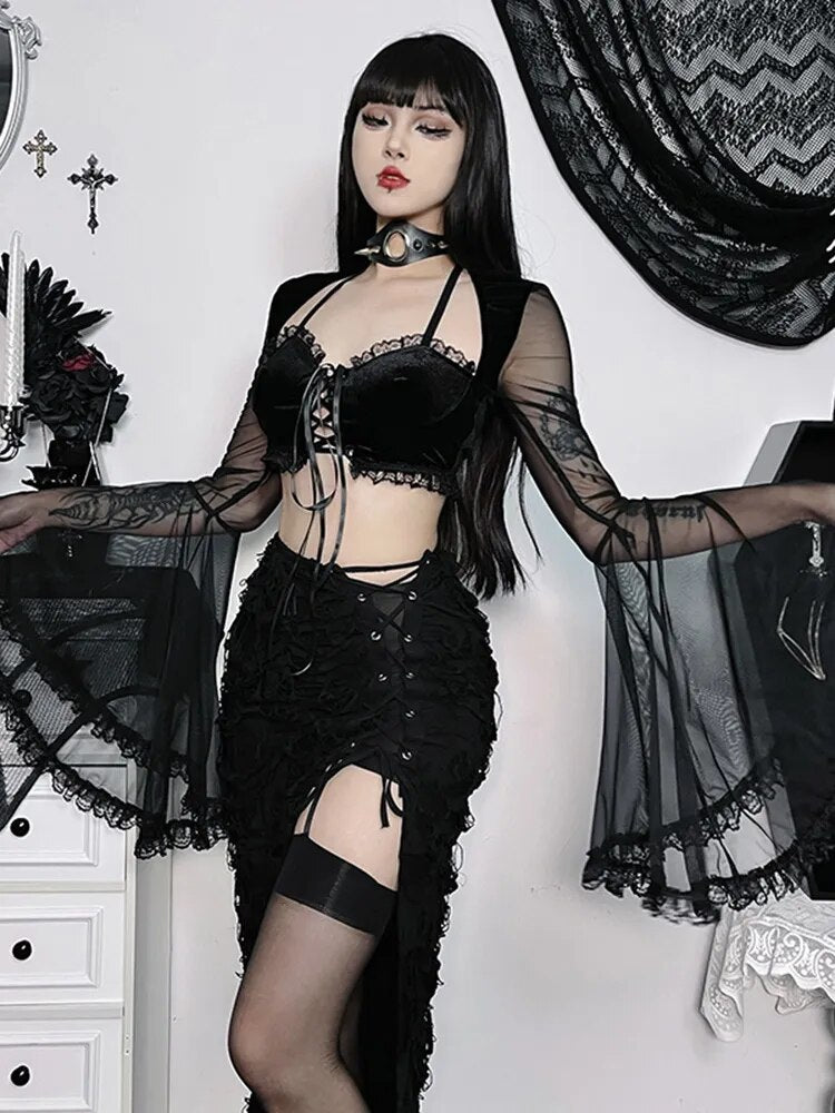 Mystic Dreams Top & Shrug Set. This set includes a velvet crop top with front lace up tie and mesh ruffled hem and a matching long sleeve shrug.
