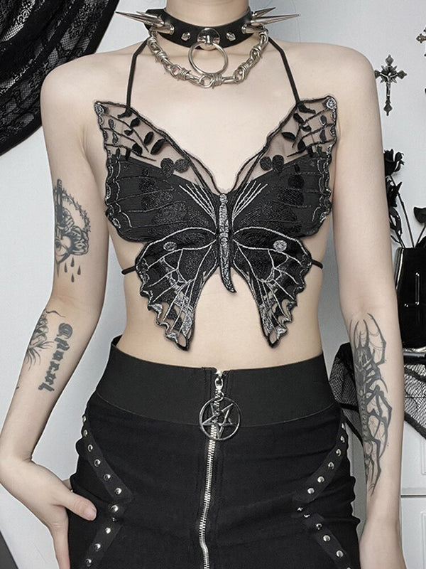 Endless Spring Butterfly Top. Soar sky high in this butterfly crop top that has a mesh construction, a halter neckline and adjustable tie back closures.