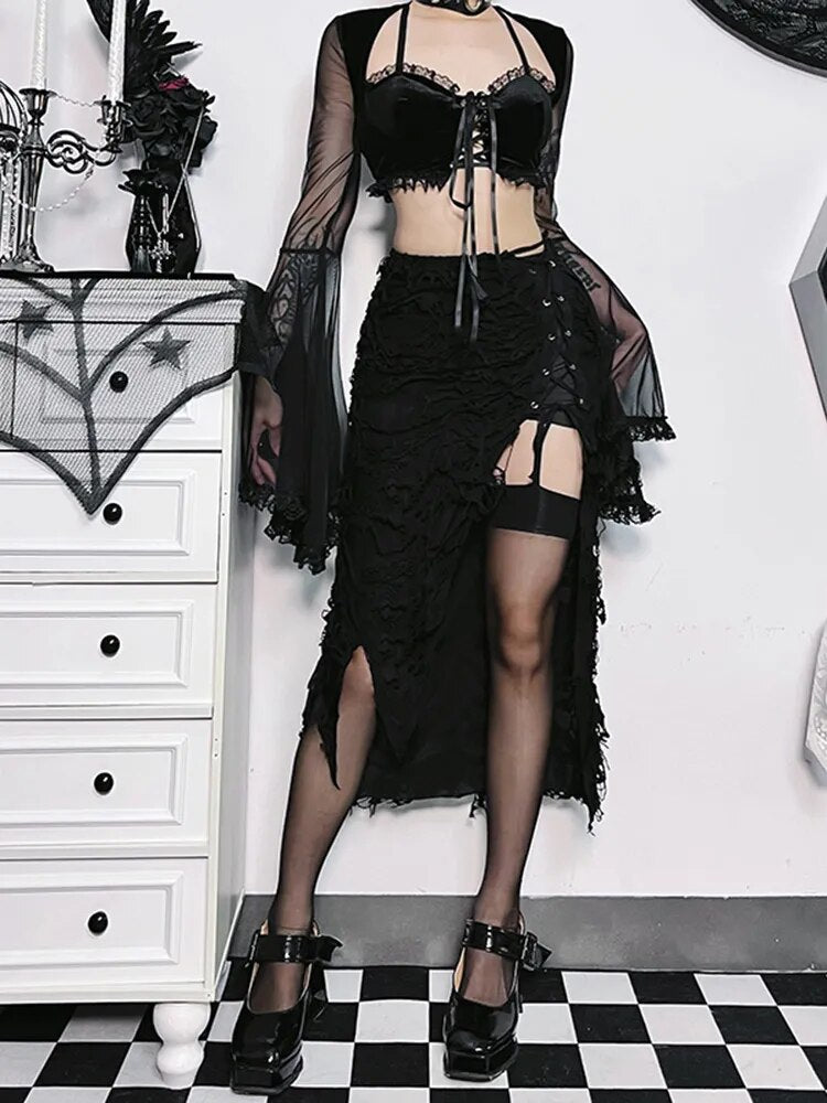 Twilight Doom Midi Skirt. This midi skirt has a distressed construction, a high rise fit and a high front slit with lace up design.