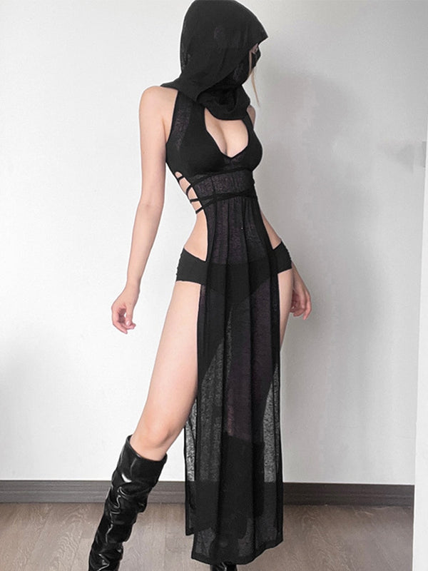 Cut The Atmosphere Hooded Maxi Dress. This maxi dress has semi-sheer construction, integrated mask and draped hood, high side slits with a lace up design on the sides with adjustable wrap-around waist ties.