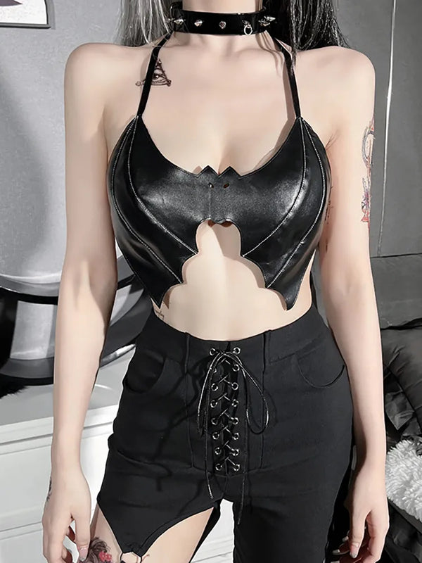 Lil Batty Halter Top. This bat shaped halter top has a vegan leather construction and adjustable tie closures on the back.