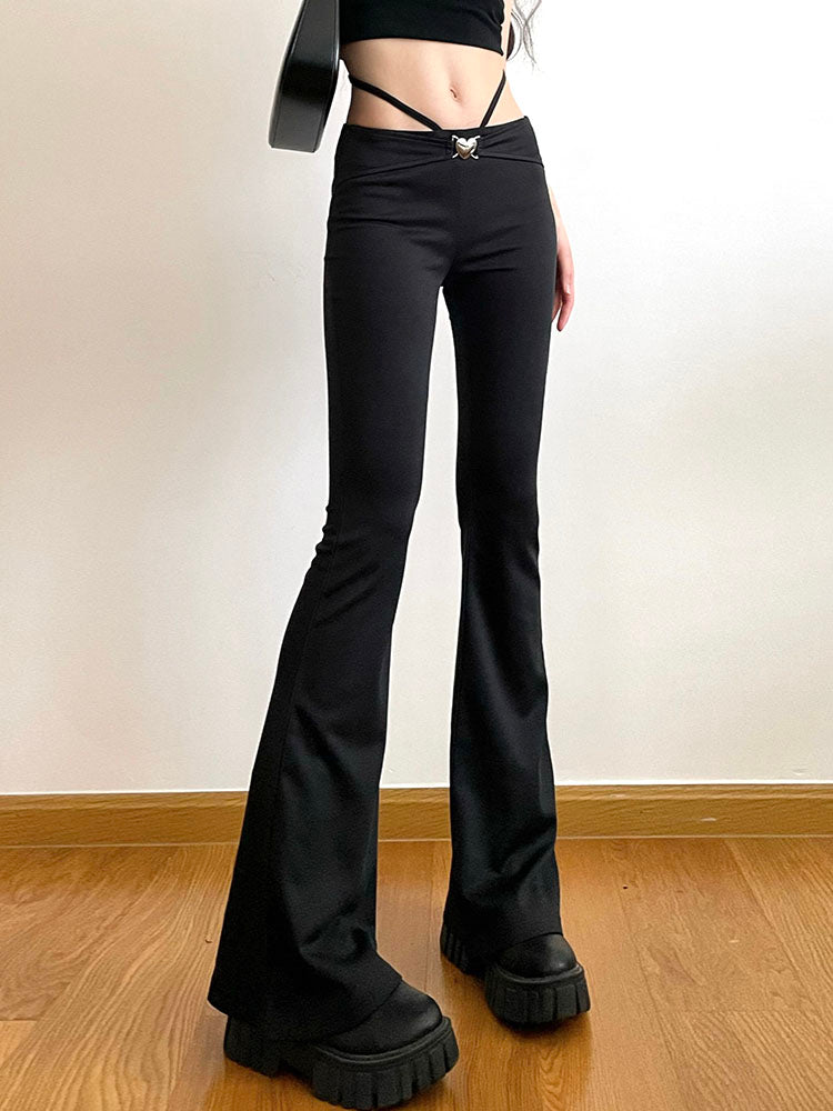 Cupid Strappy Flare Pants has a low waist fit, stretchy material, front waist heart buckle closure and drawstrings with back tie and a slim leg fit to flared leg opening.