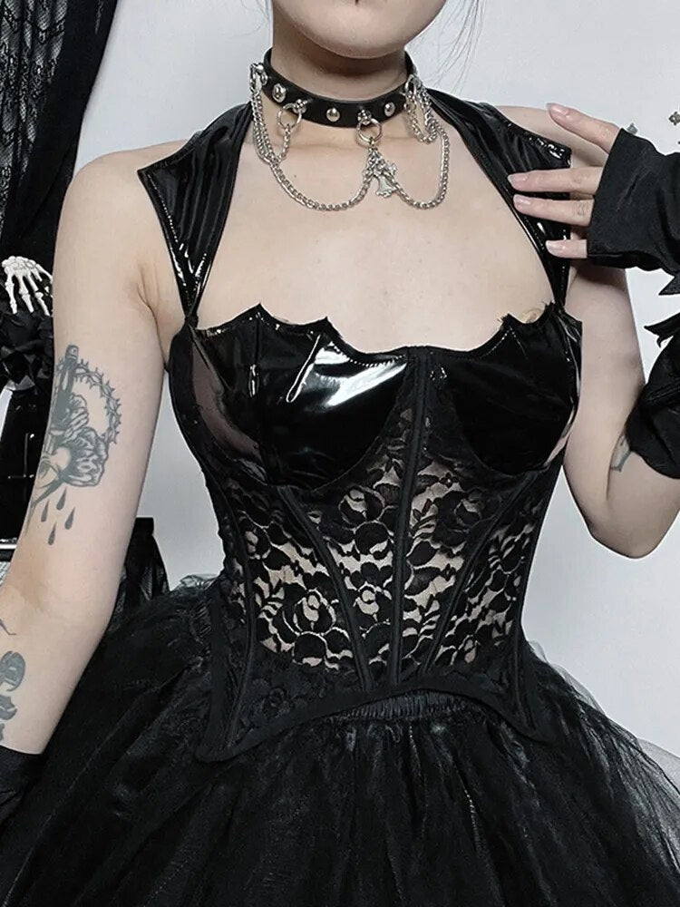 Sweetest Nightmare Corset Top. This  corset top has a vinyl and lace construction with a bat wing hem design, lace-up details on front and underwire cup support.
