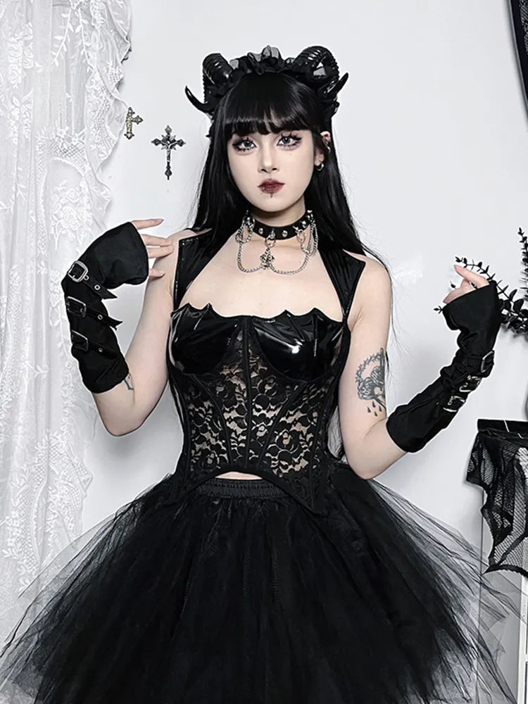 Sweetest Nightmare Corset Top. This  corset top has a vinyl and lace construction with a bat wing hem design, lace-up details on front and underwire cup support.