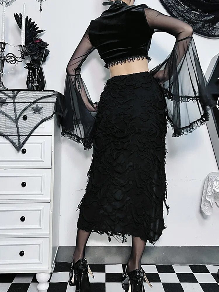 Twilight Doom Midi Skirt. This midi skirt has a distressed construction, a high rise fit and a high front slit with lace up design.