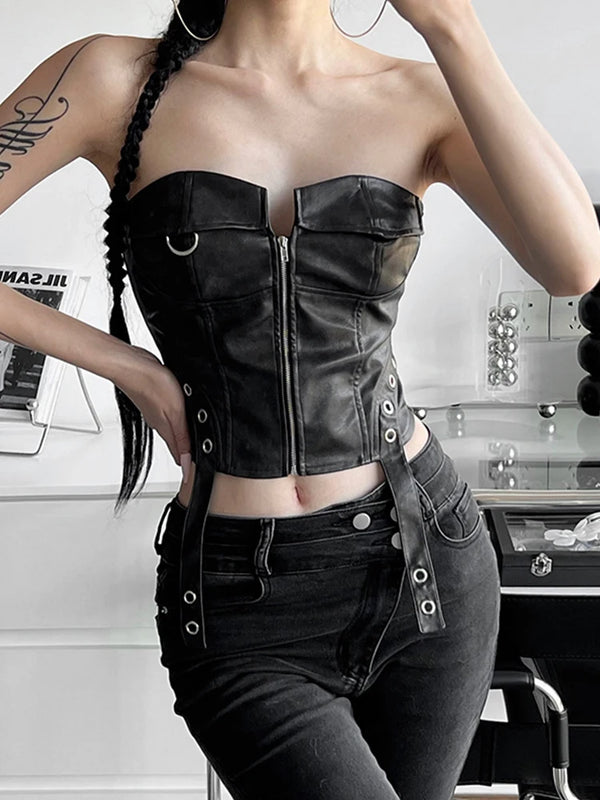 Dangerous Woman Tube Top has a vegan leather construction, a cropped waist and a zipper up the front.