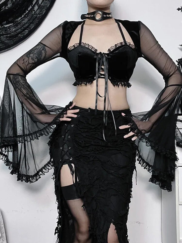 Mystic Dreams Top & Shrug Set. This set includes a velvet crop top with front lace up tie and mesh ruffled hem and a matching long sleeve shrug.