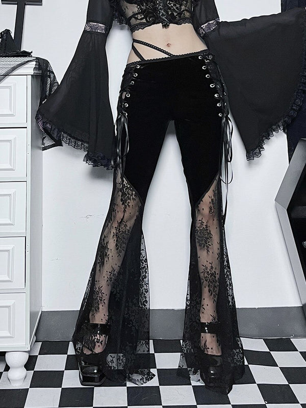 Dark Lies Flare Bottoms. These low-waisted pants have an asymmetrical waist straps design, velvet construction, floral lace flared legs and side lace up ties.