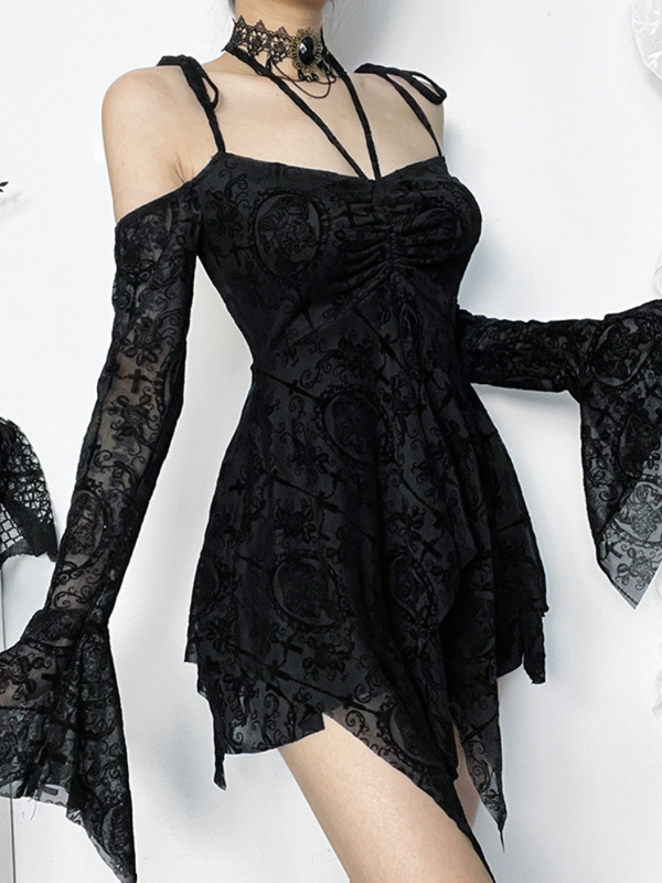 Pretty Enchantment Mini Dress. This mini dress has a filigree burnout velvet mesh construction, off the shoulder sleeves, shoulder straps with tie closures, ruched chest with a tie closure and a handkerchief hem and cuffs.