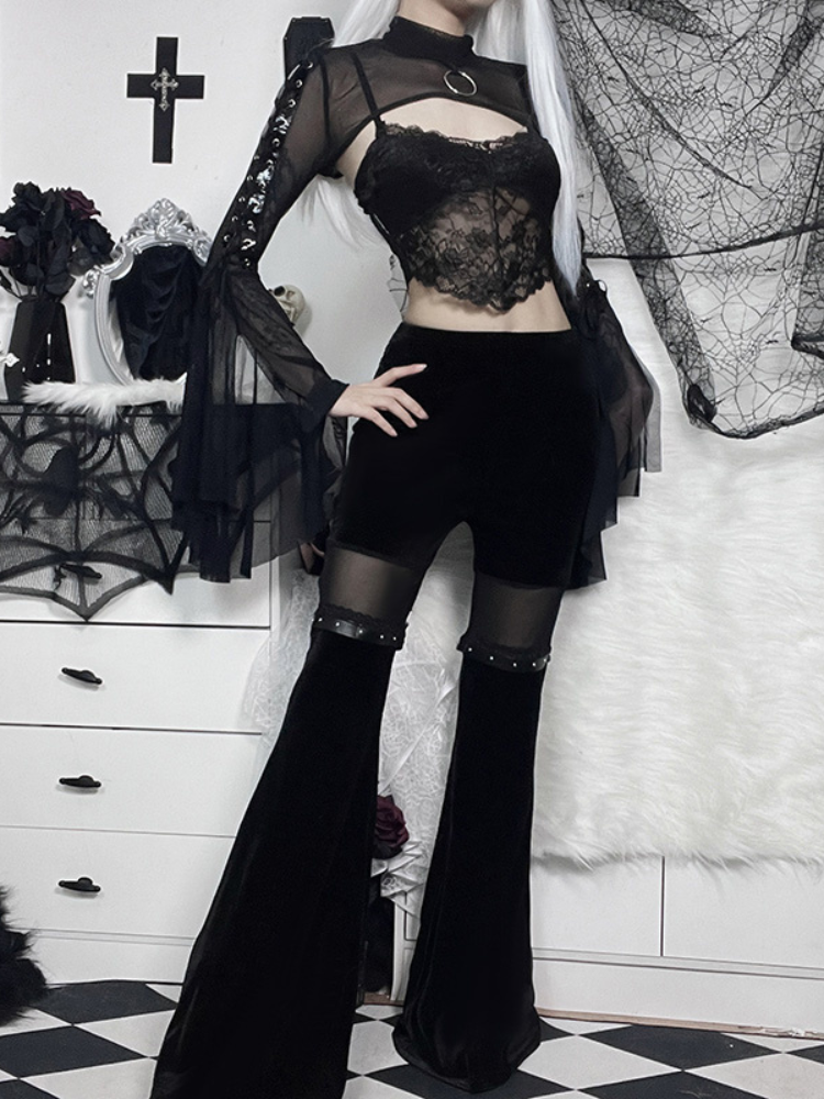 Witchcraft Velvet Flare Bottoms. These velvet flare pants have an elastic waistband, thigh mesh panels with stud detailing and a high waist fit.