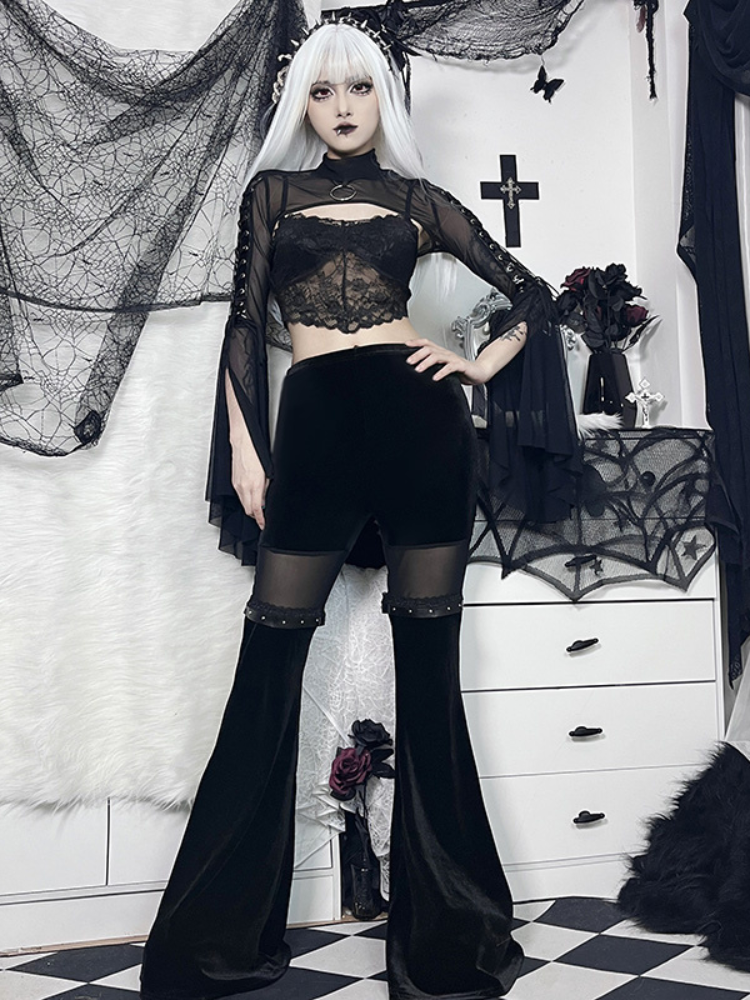 Witchcraft Velvet Flare Bottoms. These velvet flare pants have an elastic waistband, thigh mesh panels with stud detailing and a high waist fit.