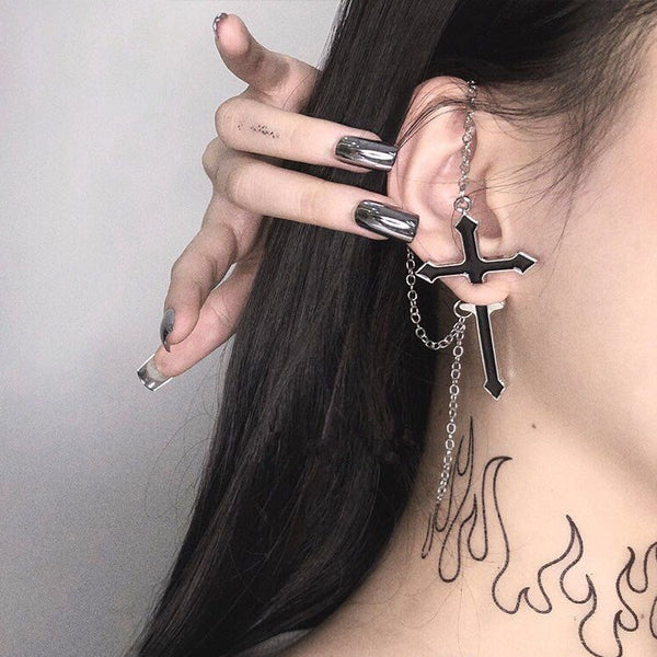 Chained Crossing Stud Earring - ALTERBABE Shop Grunge, E-girl, Gothic, Goth, Dark Academia, Soft Girl, Nu-Goth, Aesthetic, Alternative Fashion, Clothing, Accessories, Footwear