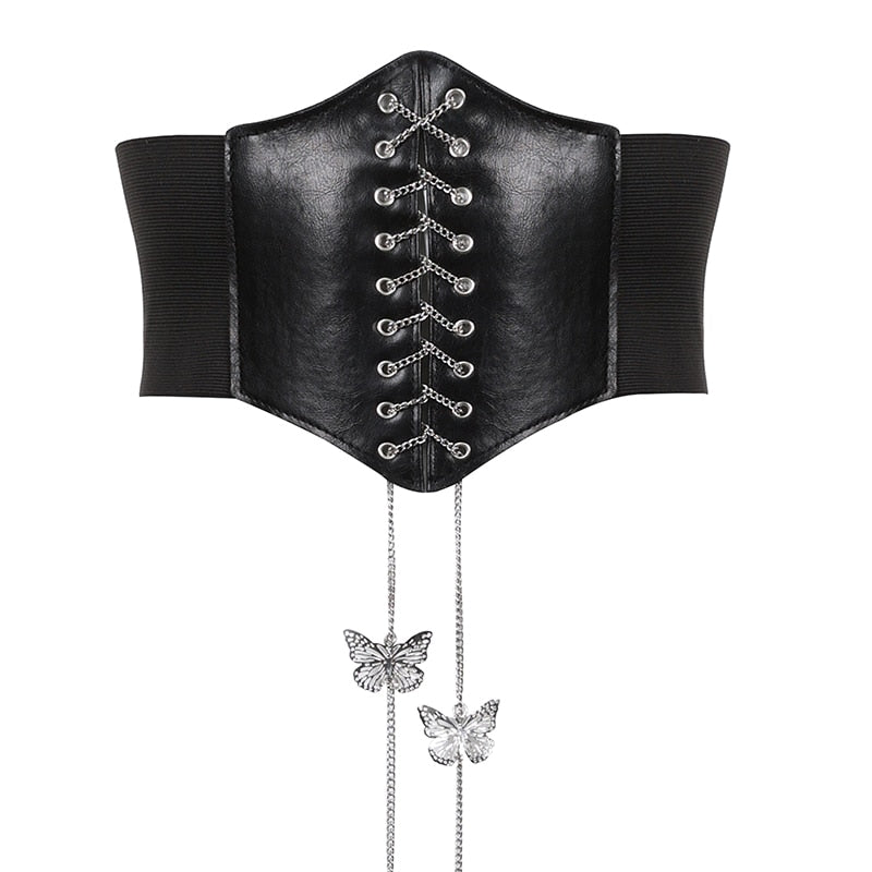 Wicked Fly With Me Corset. This underbust corset has dangling butterfly-shaped hardware at front, adjustable lace-up ties for a waist-snatching fit, a vegan leather panel at front and a stretchy waistband.