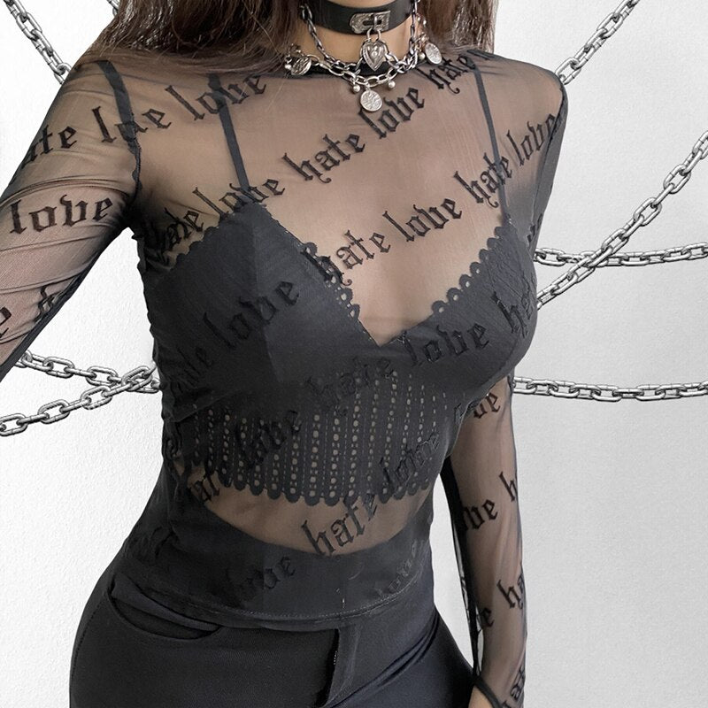 Hate Love You Mesh Top cuz it’s complicated baby. Make it official in this sikk sheer mesh top that has ‘hate love’ all ova in OG letters, a round neck N’ long sleeve with thumb hole deetz.