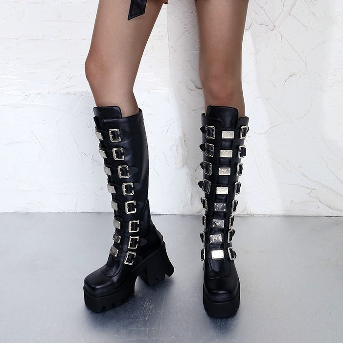 Hysteria Platform High Knee Boots - ALTERBABE Shop Grunge, E-girl, Gothic, Goth, Dark Academia, Soft Girl, Nu-Goth, Aesthetic, Alternative Fashion, Clothing, Accessories, Footwear