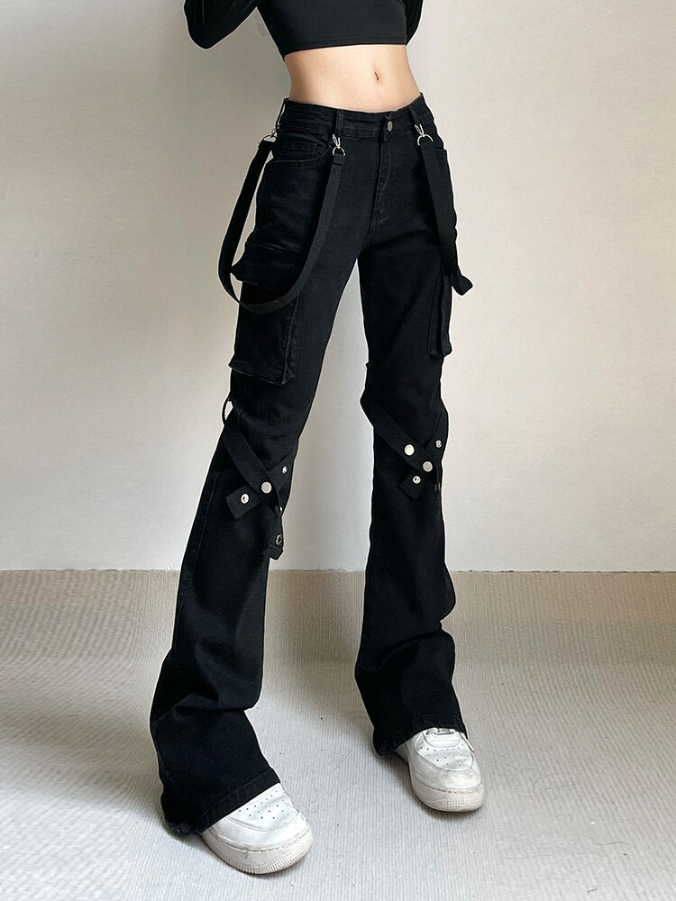 Creating Chaos Cargo Pants. These pants have a low rise fit, bondage buckle straps on the knees, detachable suspender straps and side cargo pockets.