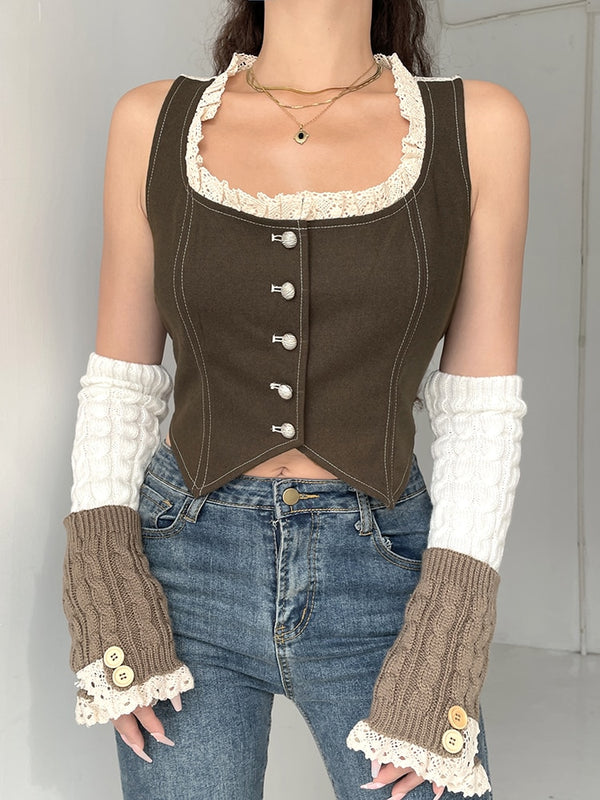 Resident Of Earth Vest Top. This top comes with a scoop neckline with lace trim, button up closures, lace mesh on the back and a cropped fit.