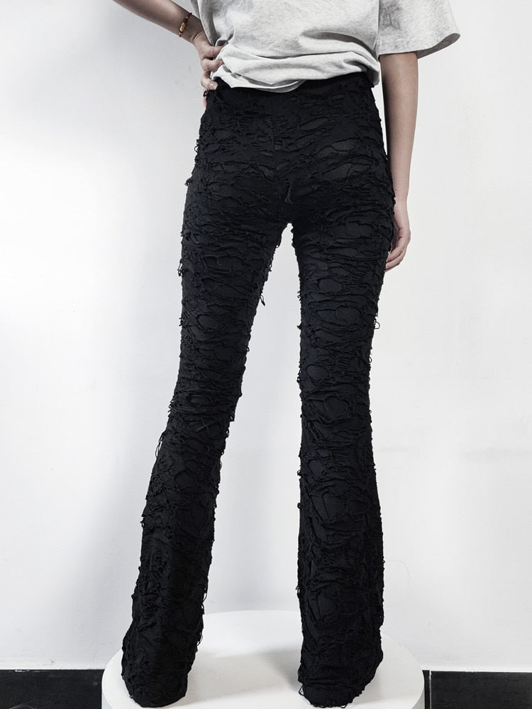 Toxic For Life Pants. These flare leg leggings have a shredded contraction, high waist fit and and an elastic waistband.