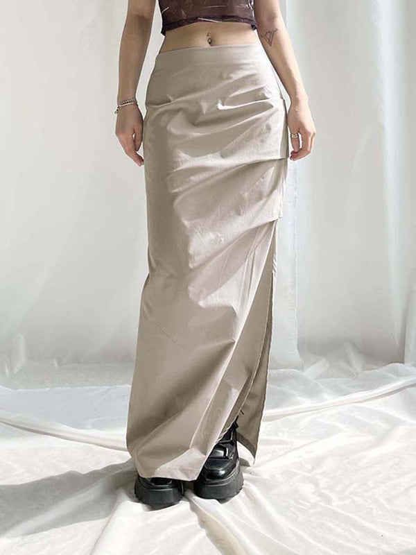 By My Side Maxi Skirt. This maxi skirt has mid waist fit, side zipper closure and a ruched side with slit.