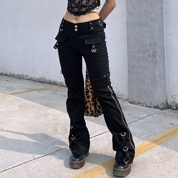 Sinister Citizen Flare Pants. Keep things hardcore in these flare leg pants that have a side zip and D-ring hardware design all over and low rise fit.